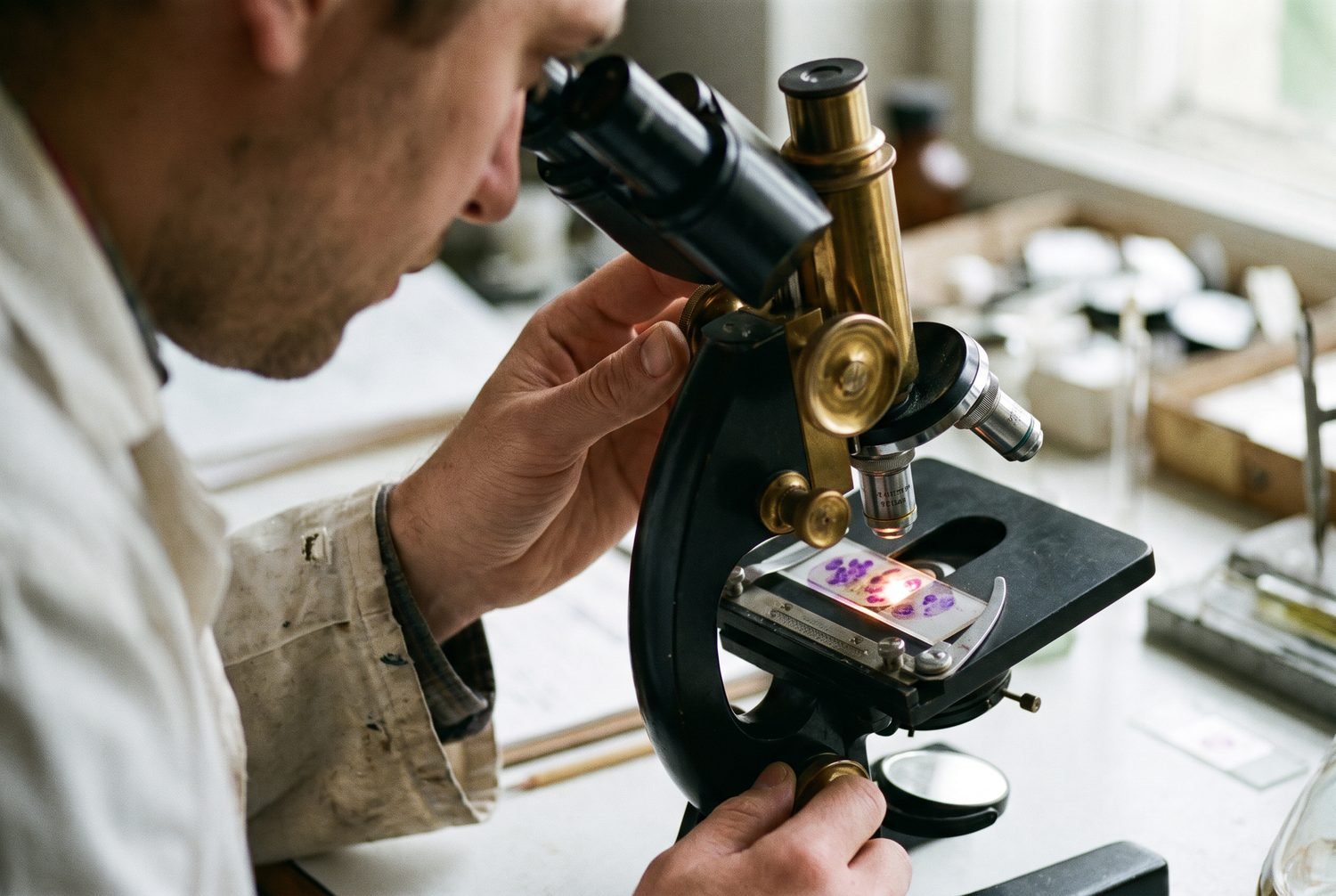 A student examining a stained slide under a light microscope in the lab.